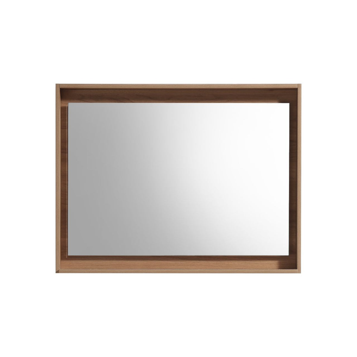 A 40 inch wide mirror with a honey oak frame and shelf.