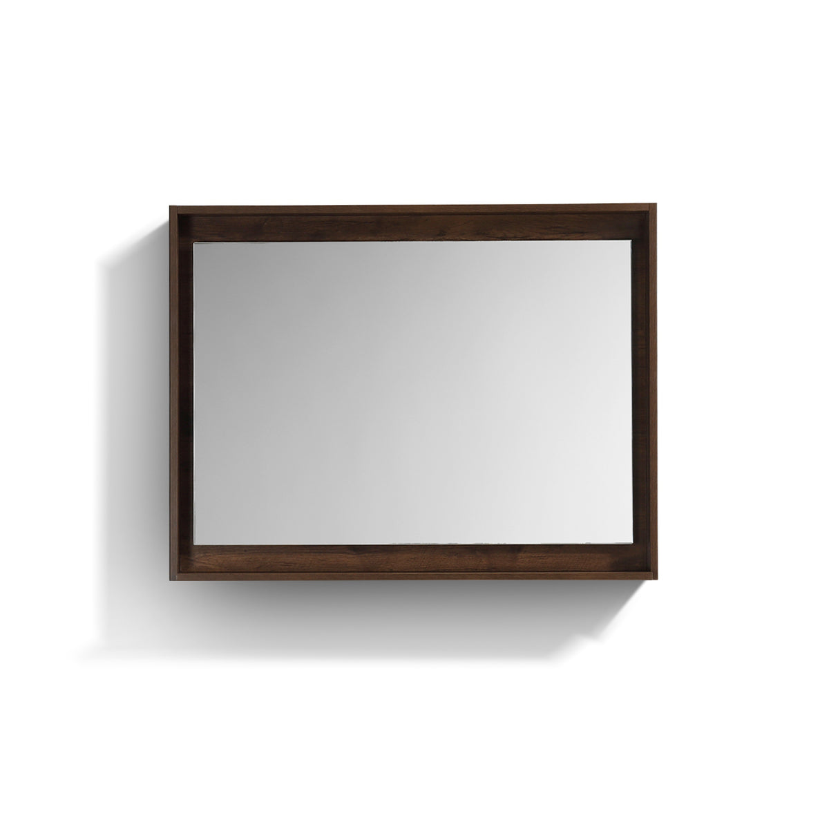 A 40 inch wide mirror with a rosewood frame and shelf, displayed against a white background.