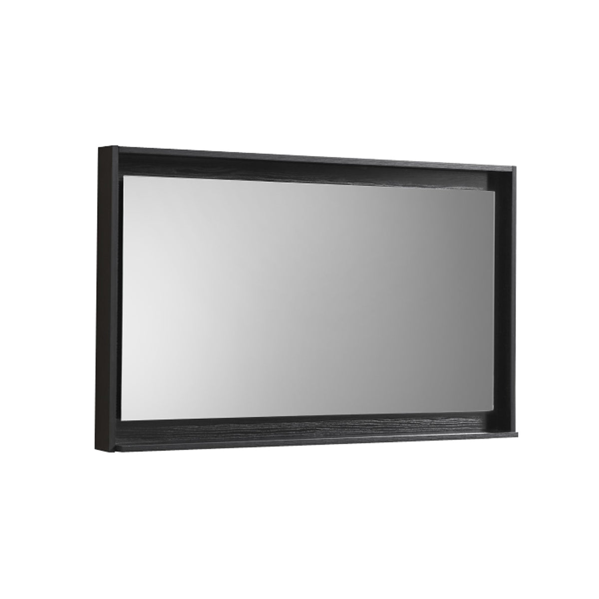 A 48 inch wide mirror with a black frame and shelf below it.