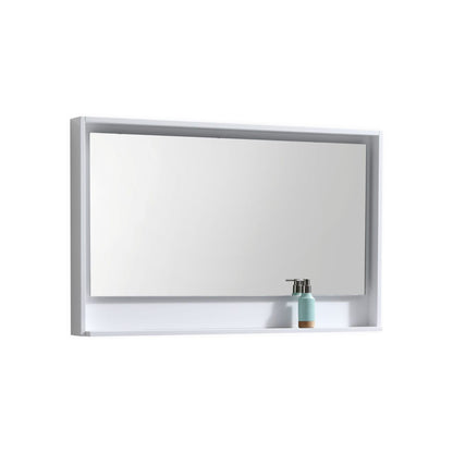 A 48 inch wide gloss white framed mirror with a shelf below it, displayed against a white background.