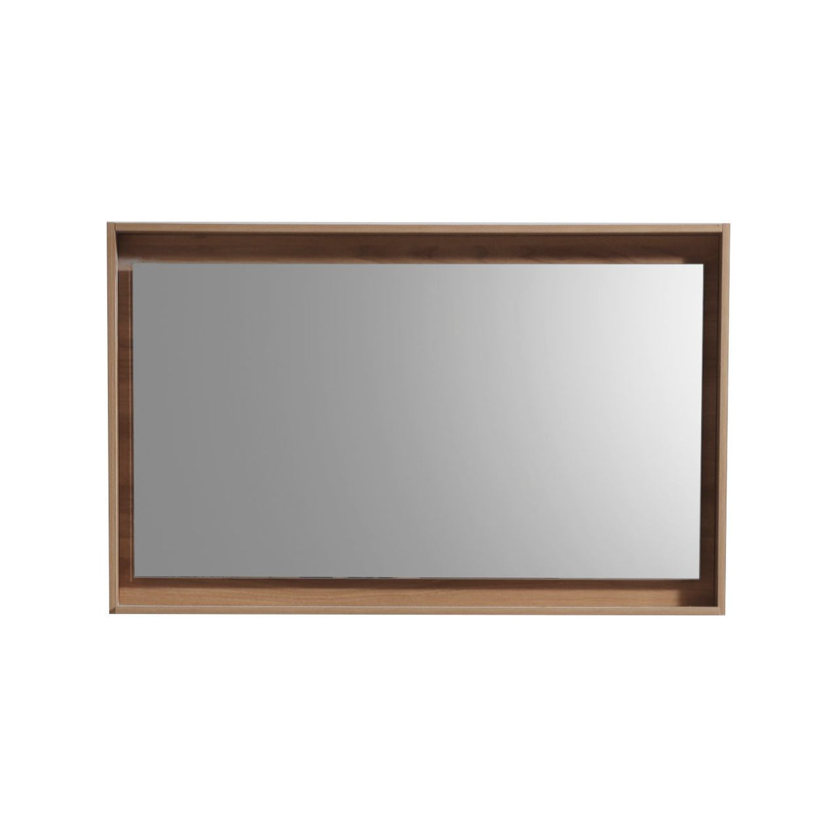 A 48 inch wide mirror with a shelf, featuring a honey oak frame.