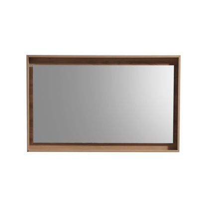 A 48 inch wide mirror with a shelf, featuring a honey oak frame.