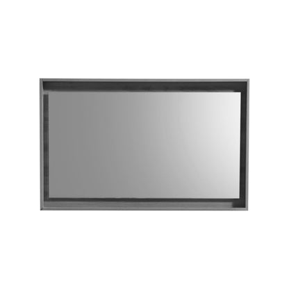 A 48 inch wide mirror with a shelf, in a Vulcan Ash Grey color, with a sleek, modern design.