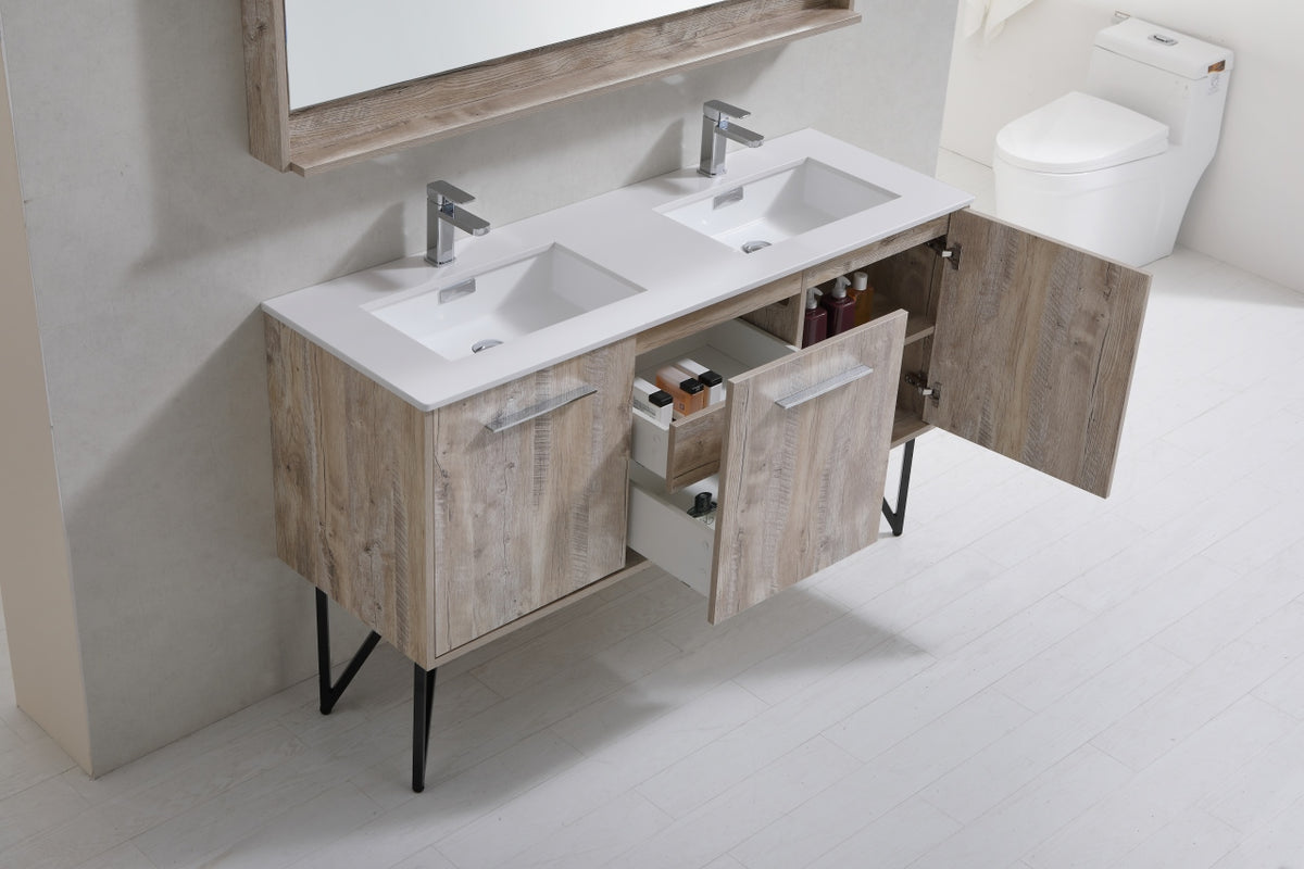 Bosco 60" Wall Mount Nature Wood Modern Bathroom Vanity w/ Quartz Countertop