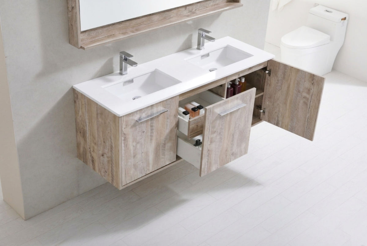 Bosco 60" Wall Mount Nature Wood Modern Bathroom Vanity w/ Quartz Countertop