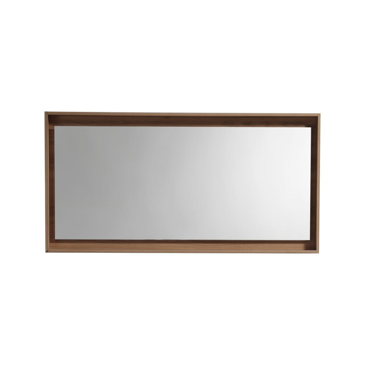 A 60-inch wide honey oak framed mirror with a shelf.