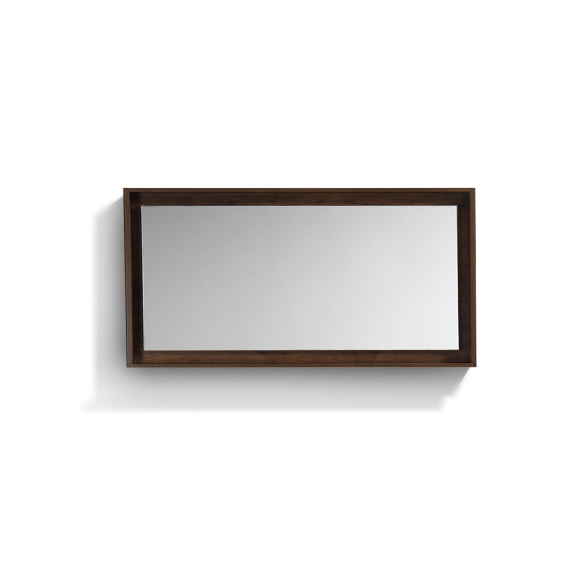 A rectangular rosewood framed mirror with a shelf below it, displayed against a white background.