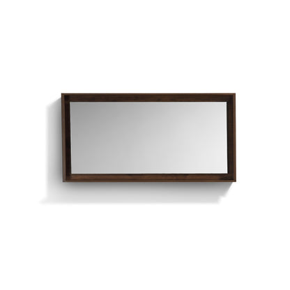 A rectangular rosewood framed mirror with a shelf below it, displayed against a white background.