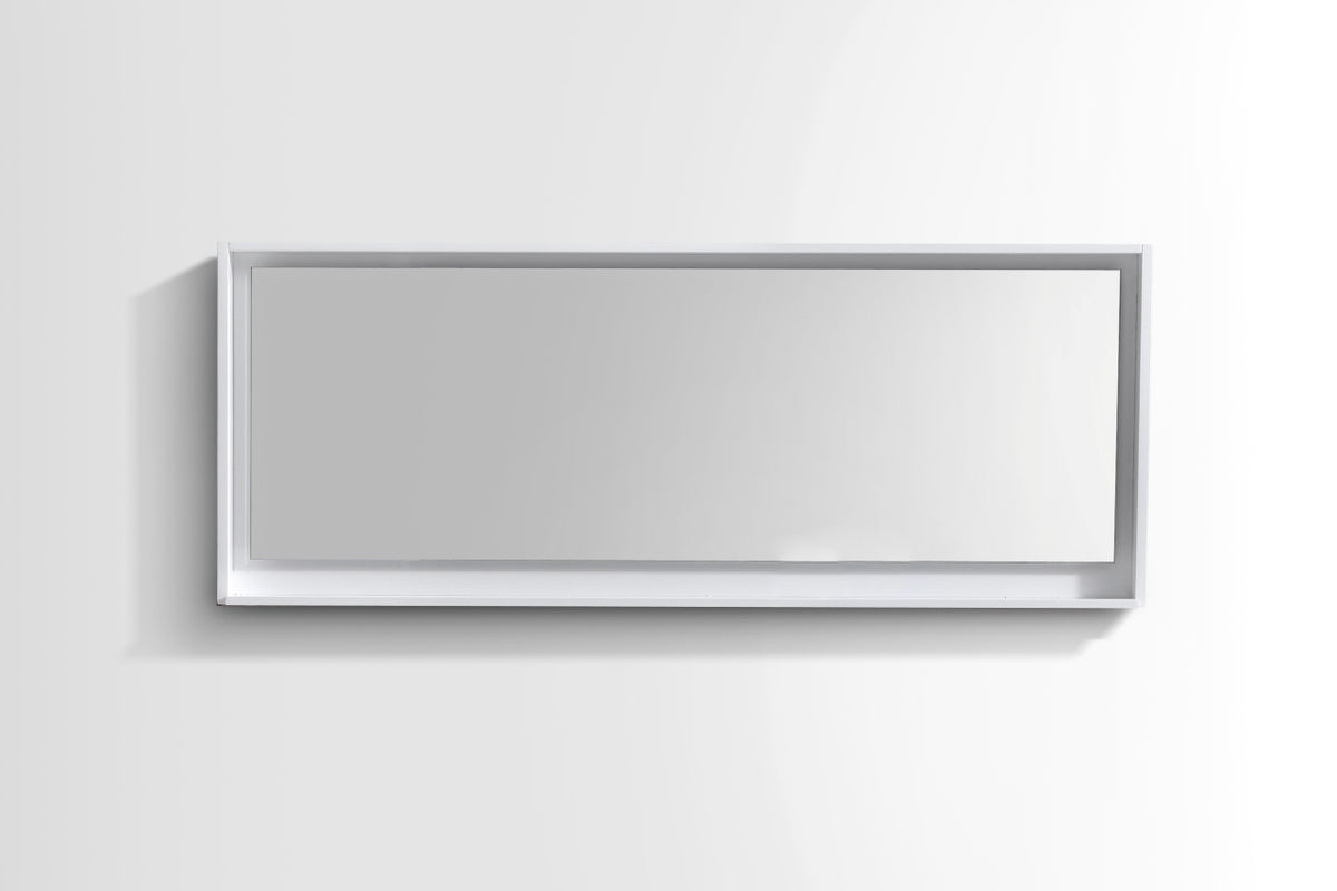 A 70 inch wide glossy white mirror with a shelf below it, presented against a white background.