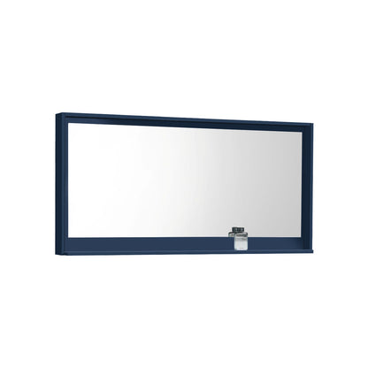 An 80 inch wide vertical mirror with a blue shelf, framed in blue, with a white background.