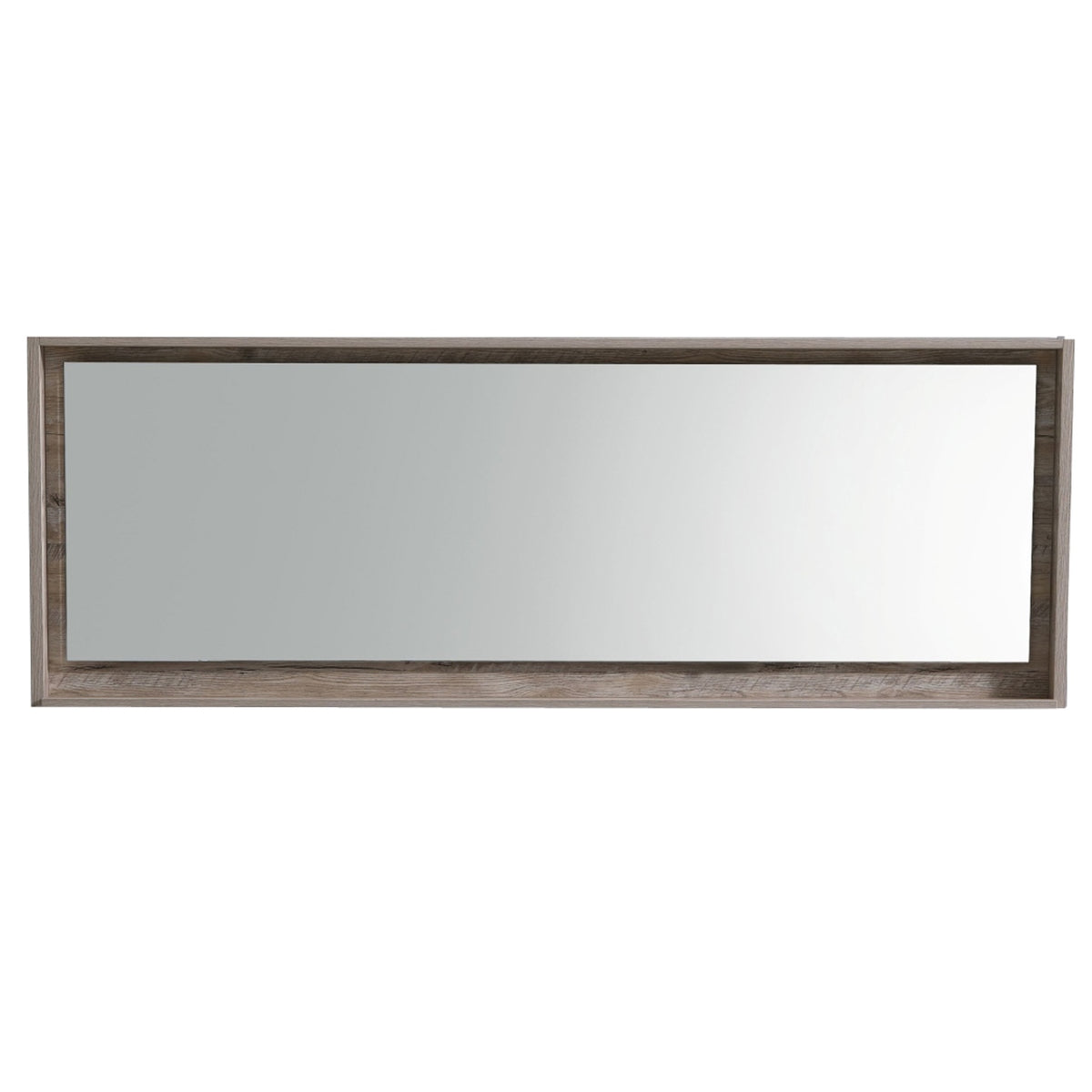 An 80 inch wide mirror with a nature wood frame and shelf below.
