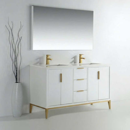 Divani 60" Gloss White Double Sink Bathroom Vanity with Quartz Countertop