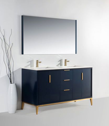 Divani 60" Navy Blue Double Sink Bathroom Vanity with Quartz Countertop