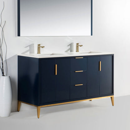 Divani 60" Navy Blue Double Sink Bathroom Vanity with Quartz Countertop