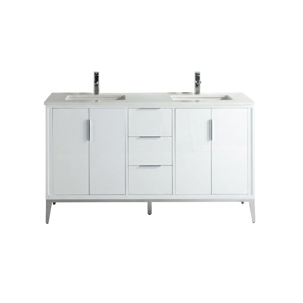 Divani 60" Gloss White Double Sink Bathroom Vanity with Quartz Countertop