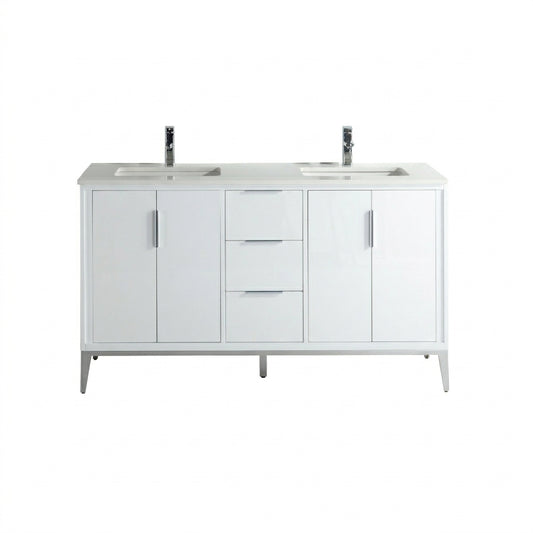 Divani 60'' Gloss White Double Sinks Vanity W/ Quartz Counter Top