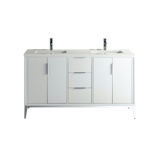Divani 60'' Gloss White Double Sinks Vanity W/ Quartz Counter Top