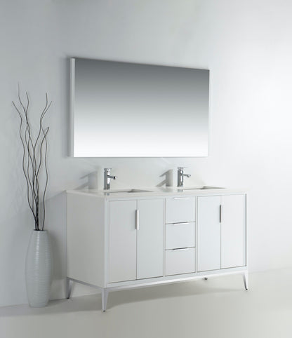 Divani 60" Gloss White Double Sink Bathroom Vanity with Quartz Countertop