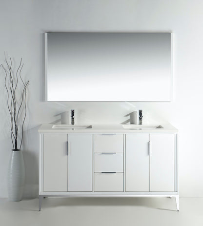 Divani 60" Gloss White Double Sink Bathroom Vanity with Quartz Countertop