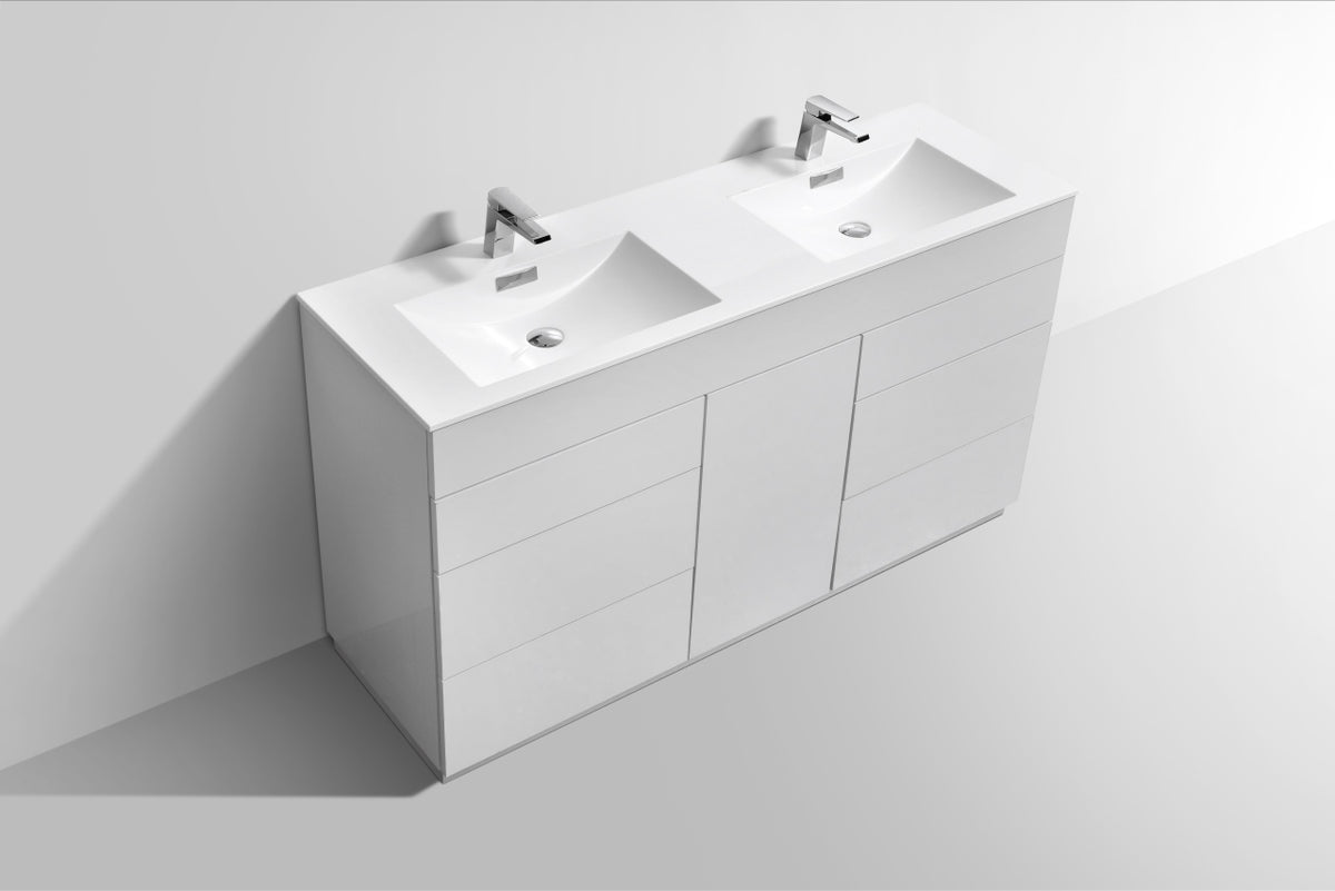 60" Milano Gloss White Floor Mount Modern Bathroom Vanity with Double Sink