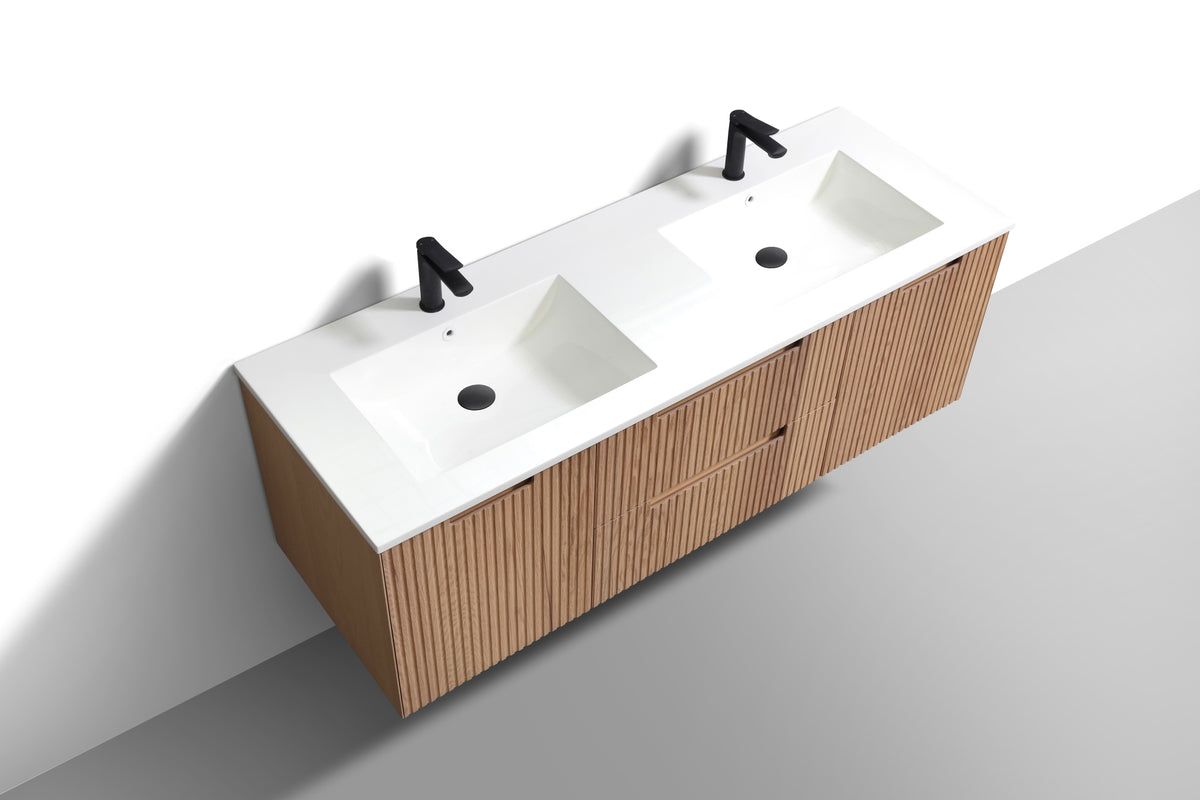 Wall Mount Oakwood Fluted Vanity 60-Inch Double Sink