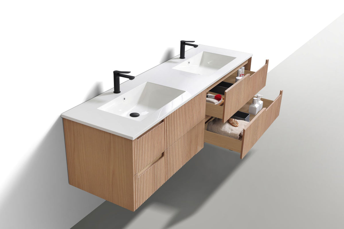 Kubebath Fiore 72'' Oakwood Double Sink Wall Mount Vanity