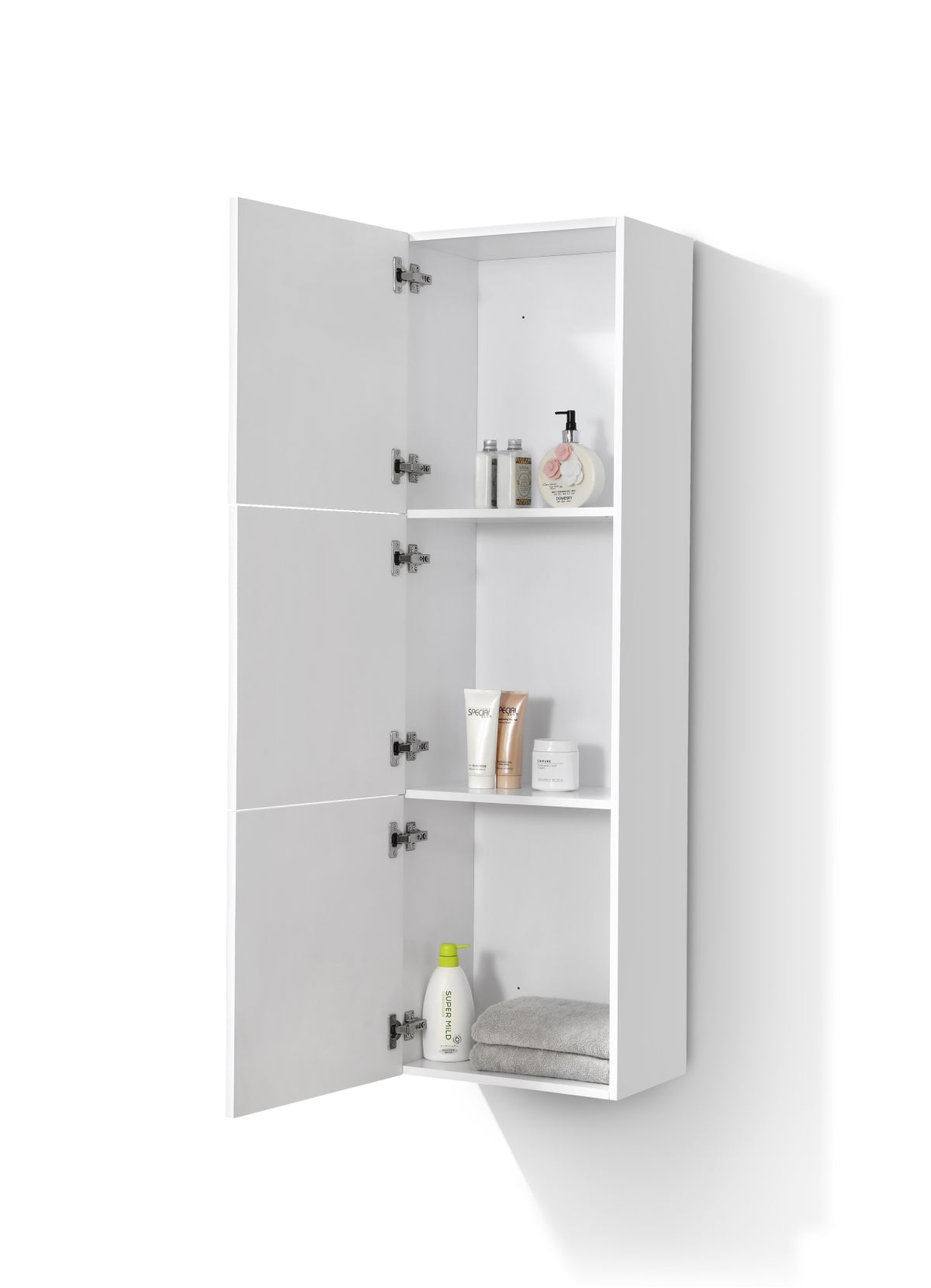 KUBE High Gloss White Bathroom Linen Cabinet w/ 3 Large Storage Areas