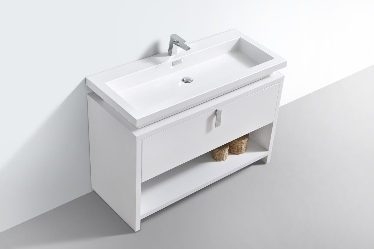 Levi 48" Gloss White Modern Bathroom Vanity w/ Cubby Hole