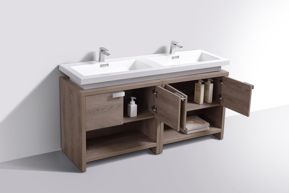 Levi 63" Butternut Double Sink Modern Bathroom Vanity w/ Cubby Hole