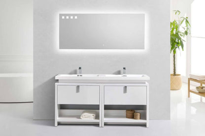 Levi 63" Gloss White Double Sink Modern Bathroom Vanity w/ Cubby Hole