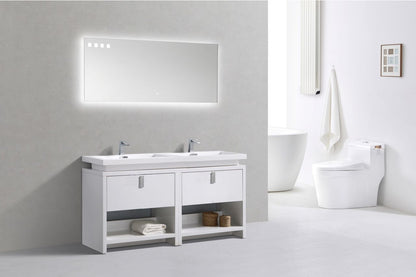 Levi 63" Gloss White Double Sink Modern Bathroom Vanity w/ Cubby Hole