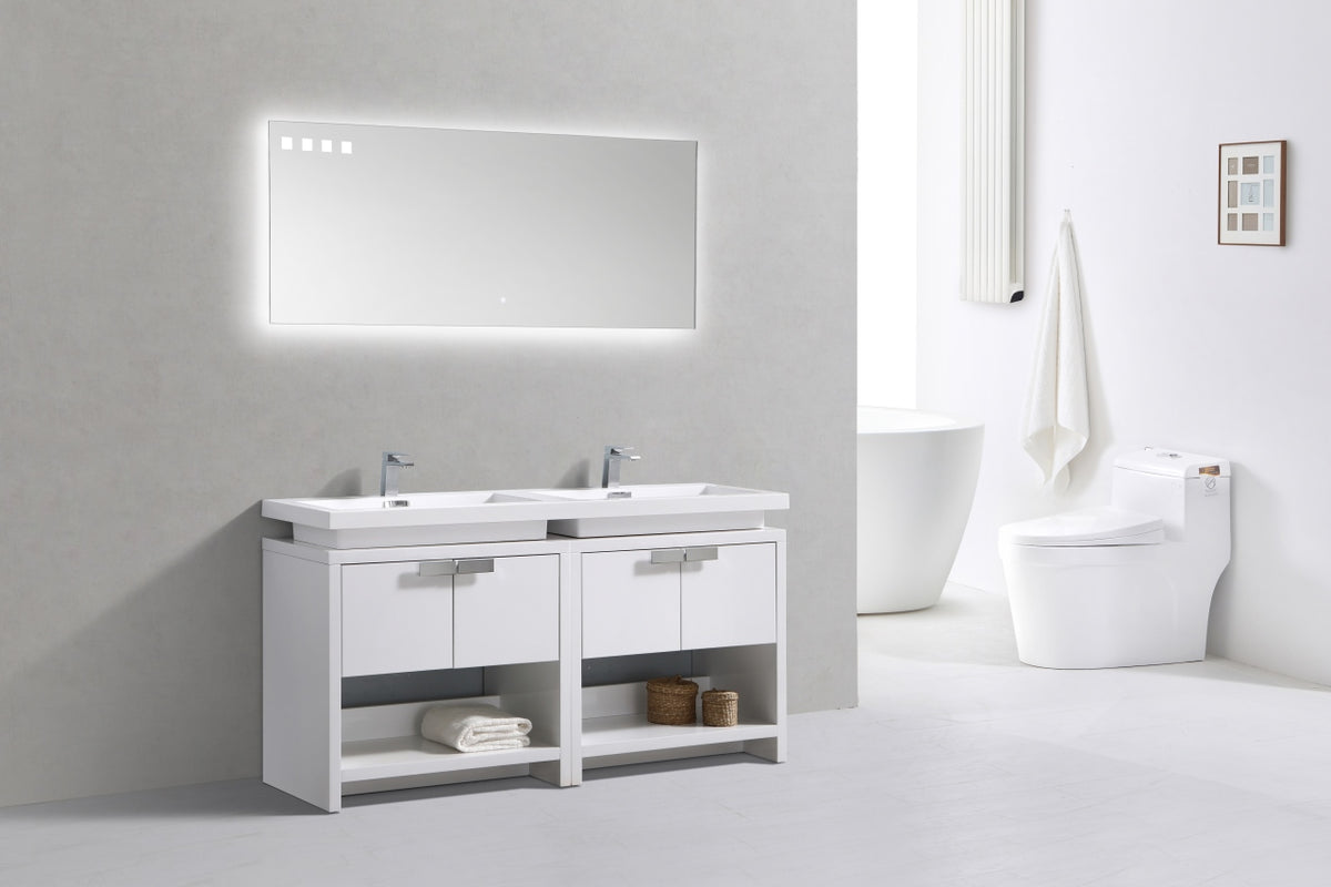 Levi 63" Gloss White Double Sink Modern Bathroom Vanity w/ Cubby Hole