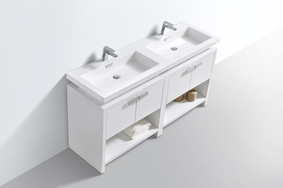 Levi 63" Gloss White Double Sink Modern Bathroom Vanity w/ Cubby Hole