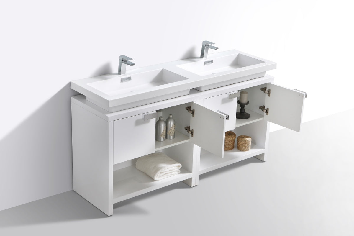 Levi 63" Gloss White Double Sink Modern Bathroom Vanity w/ Cubby Hole