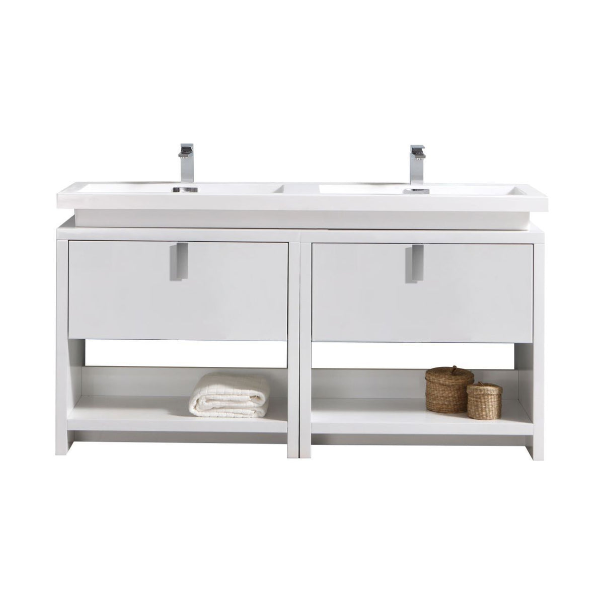 Levi 63" Gloss White Double Sink Modern Bathroom Vanity w/ Cubby Hole