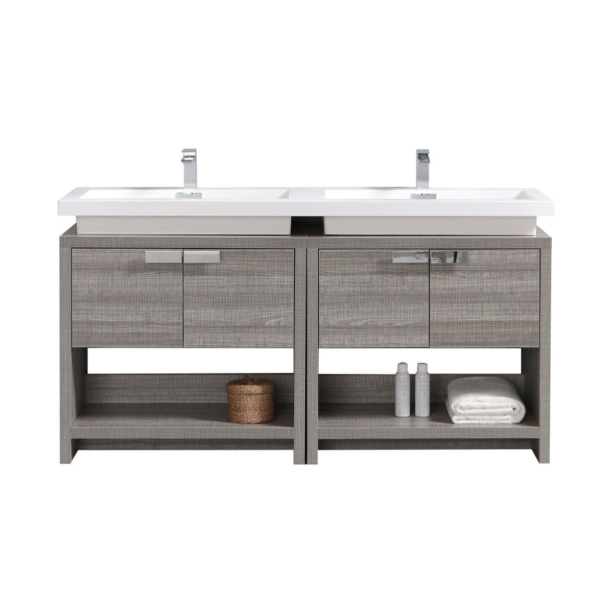 Levi 63" Ash Gray Double Sink Modern Bathroom Vanity w/ Cubby Hole
