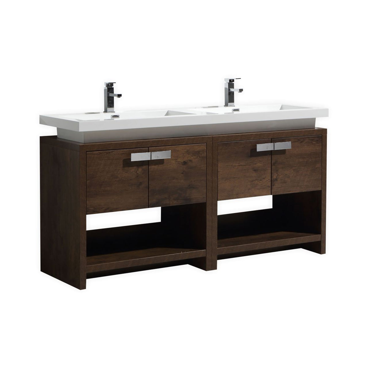 Levi 63" Rosewood Double Sink Modern Bathroom Vanity w/ Cubby Hole
