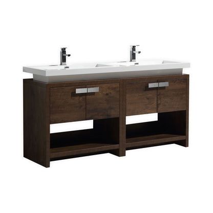 Levi 63" Rosewood Double Sink Modern Bathroom Vanity w/ Cubby Hole