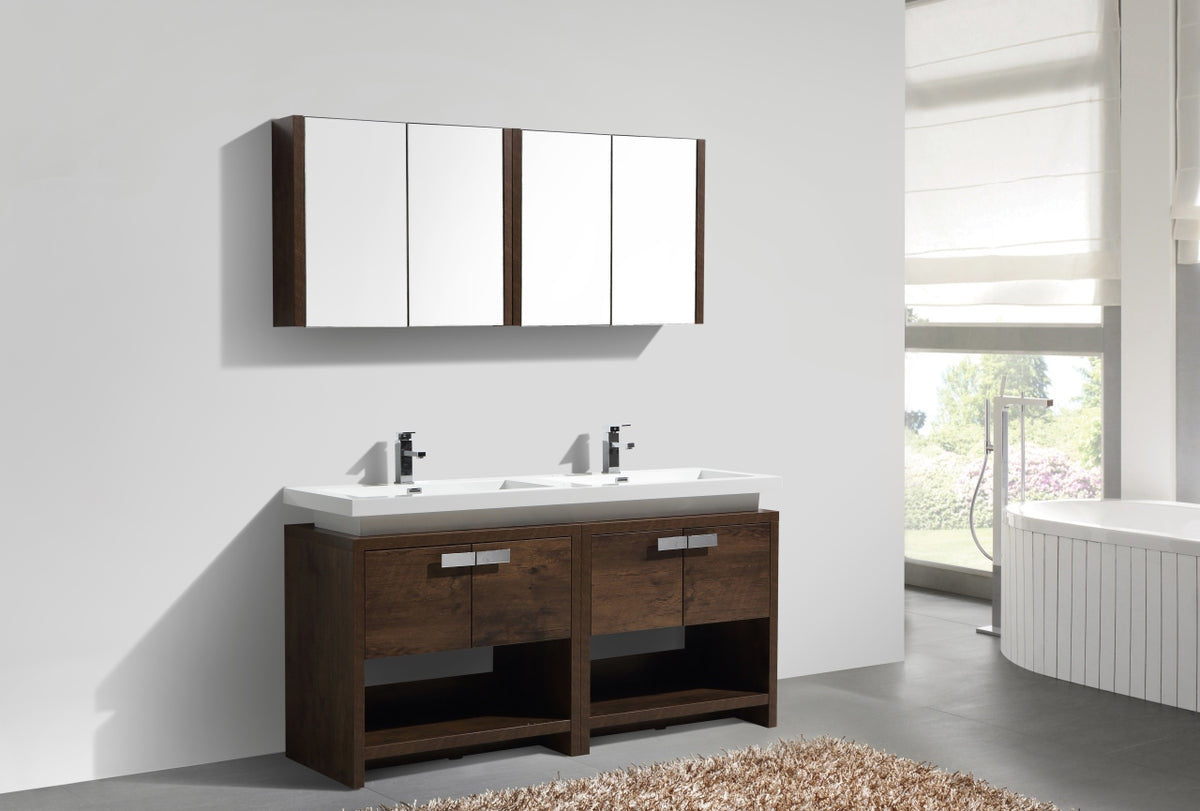 Levi 63" Rosewood Double Sink Modern Bathroom Vanity w/ Cubby Hole