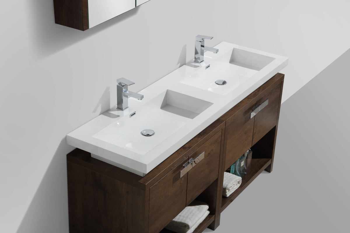 Levi 63" Rosewood Double Sink Modern Bathroom Vanity w/ Cubby Hole