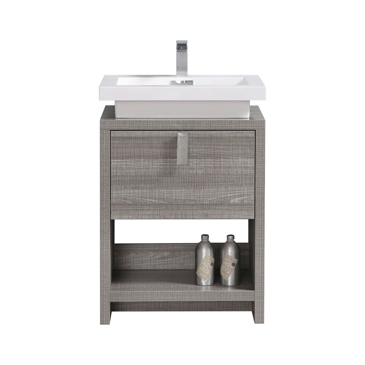 A modern bathroom vanity with a ash gray finish, featuring a single sink and a chrome faucet, with a storage cubby hole below.