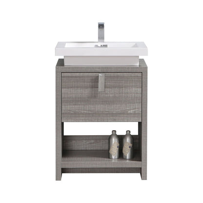 A modern bathroom vanity with a ash gray finish, featuring a single sink and a chrome faucet, with a storage cubby hole below.