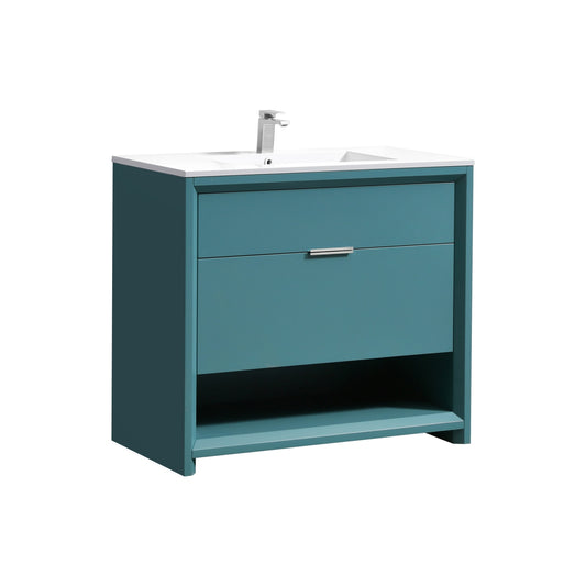 A teal green modern bathroom vanity with two drawers and a reinforced acrylic composite sink, metal box drawers with glass sides, and stainless steel handles.