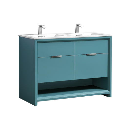 A teal green modern double bathroom vanity with two sinks, four drawers, and open shelf below.