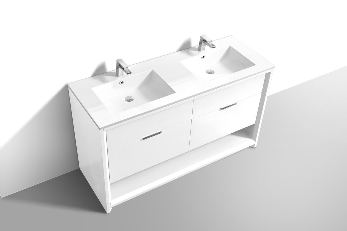 NUDO 60'' Floor Mount Double Sink Modern bathroom Vanity in Gloss White Finish - Floor Model