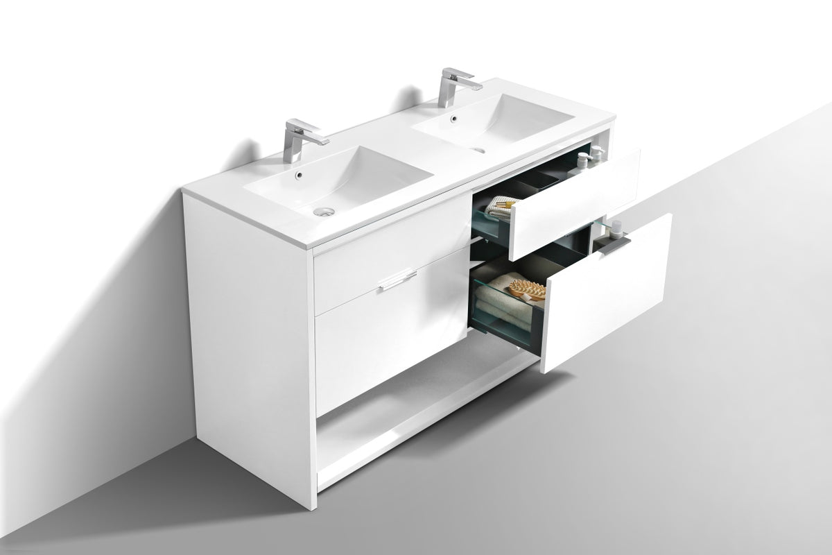 NUDO 60'' Floor Mount Double Sink Modern bathroom Vanity in Gloss White Finish - Floor Model
