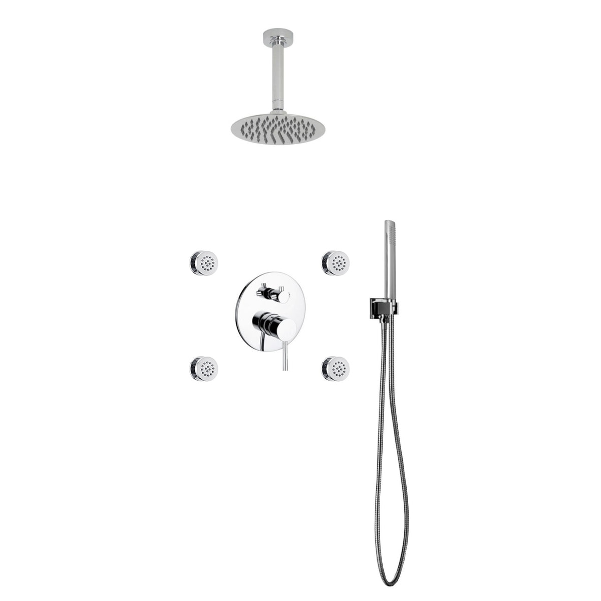 Aqua RONDO Chrome Brass Shower Set w/ 8" Round Rain Shower,  4 Body Jets and Handheld