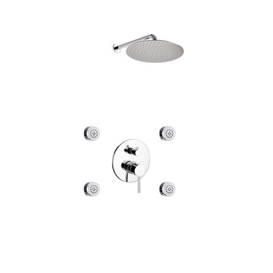 Aqua RONDO Chrome Brass Shower Set w/ 12" Round Rain Shower and 4 Body Jets