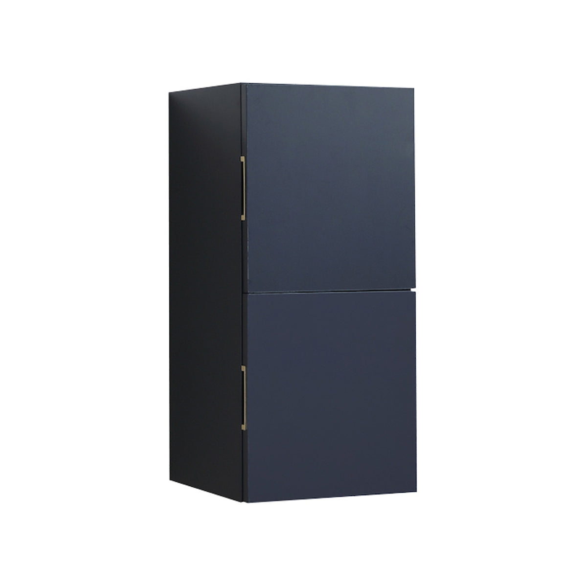 Navy blue linen side cabinet with two storage areas and gold-colored handles.