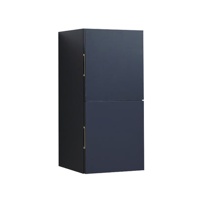 Navy blue linen side cabinet with two storage areas and gold-colored handles.